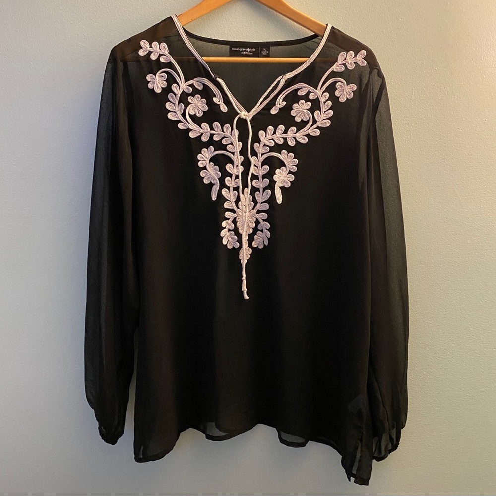 Susan Graver Sheer Black Blouse w/ White Details